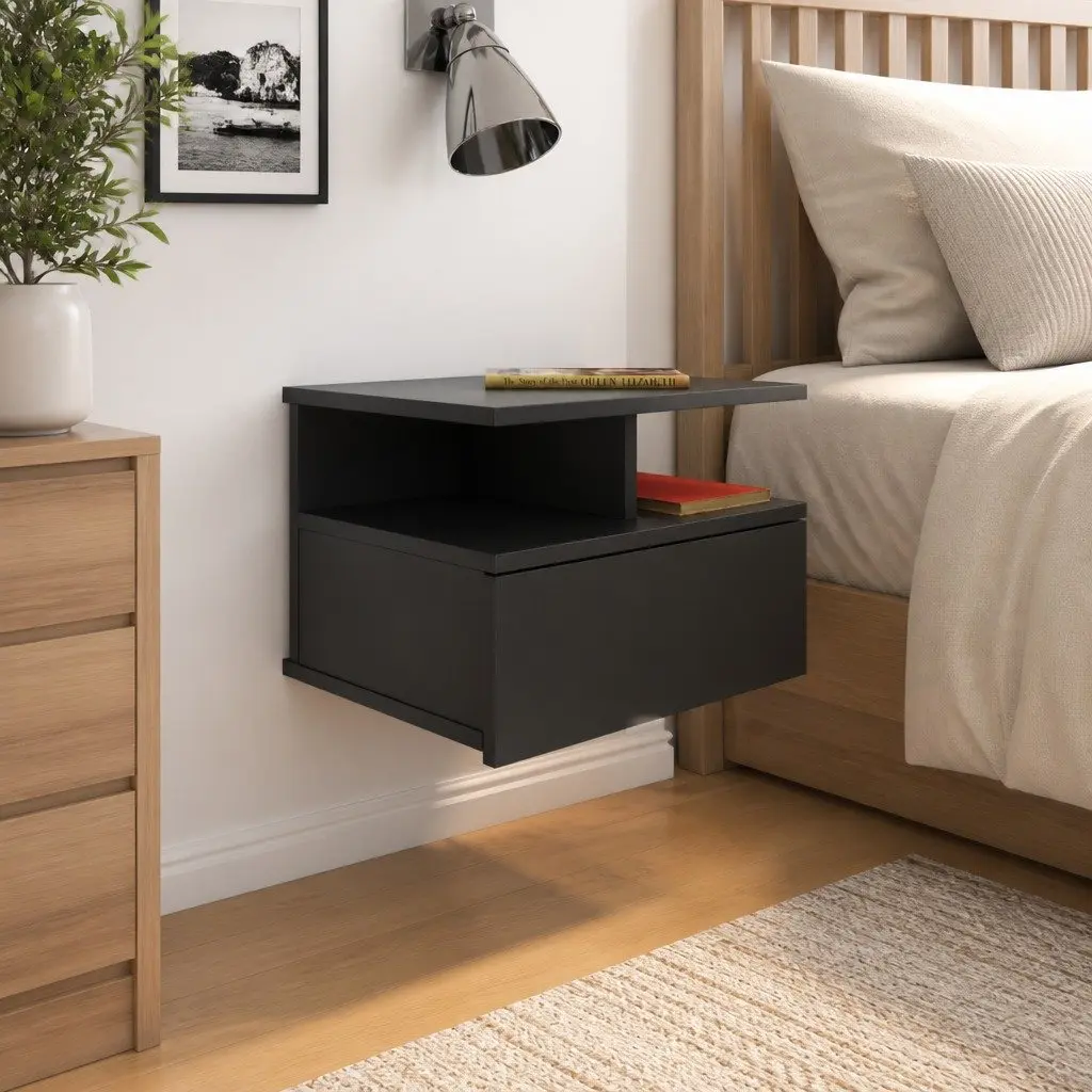 Wall-Mounted Nightstand Floating Bedside Table Black Compact Storage Shelf 40Wx31Dx27Hcm
