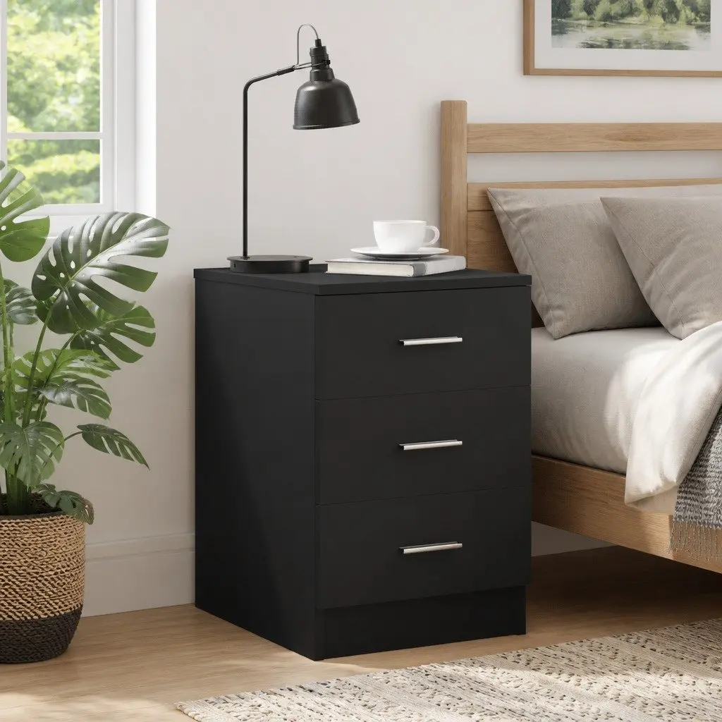 Bedside Cabinet Black Nightstand 3 Drawers Bedside Table Storage Chest