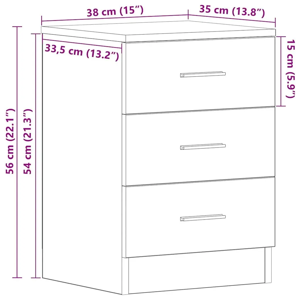 Bedside Cabinet Black Nightstand 3 Drawers Bedside Table Storage Chest