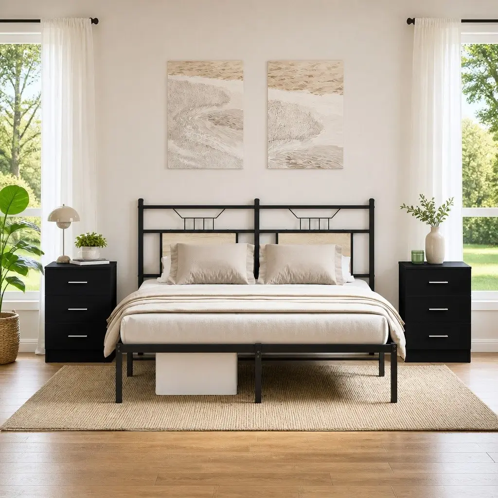 Bedside Cabinets 2 pcs Black Nightstand Storage Drawers Bedroom Furniture