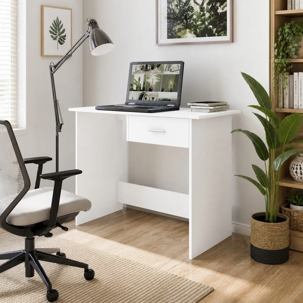 White Office Desk with Drawer Study Writing Table Computer Workstation Storage