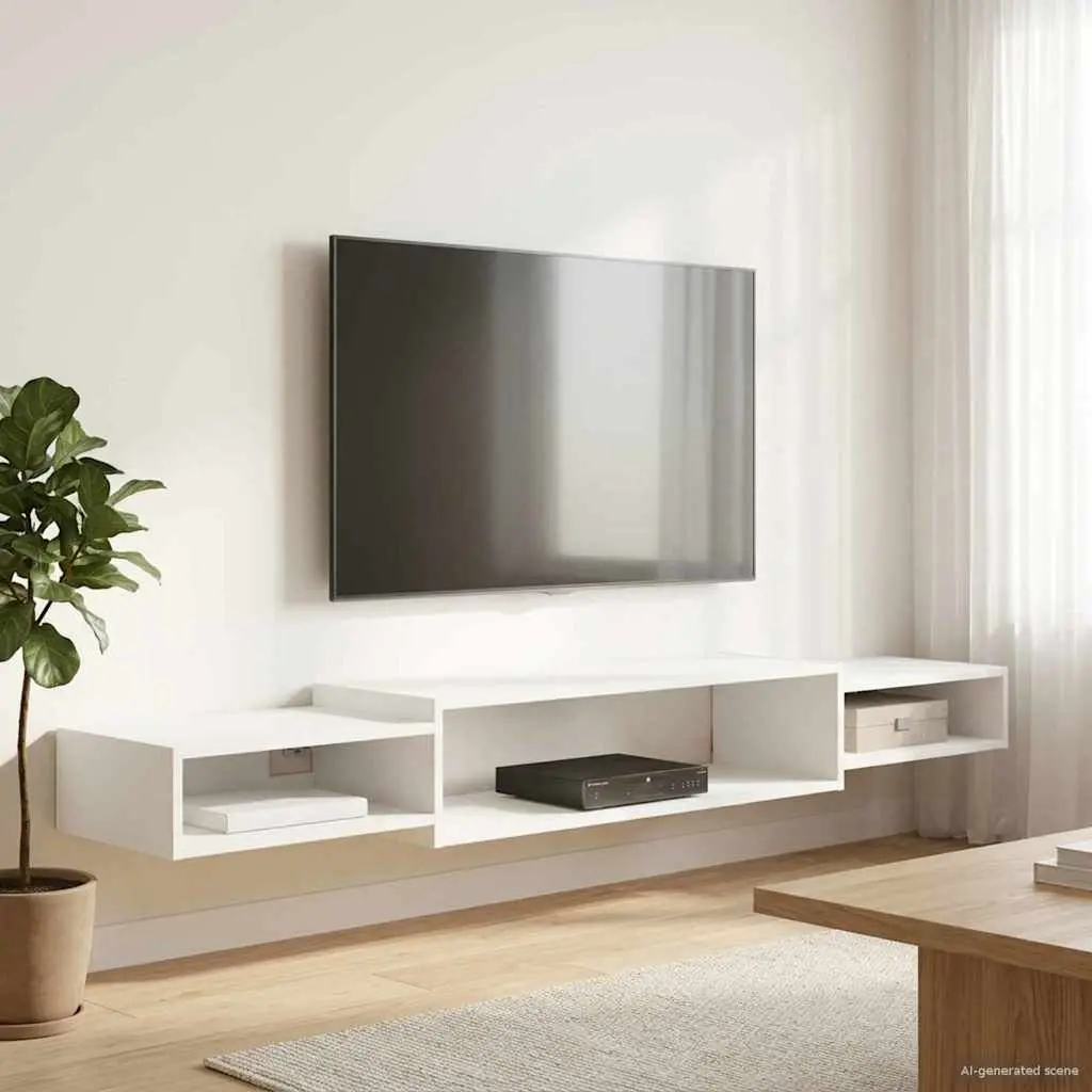Wall-Mounted TV Cabinet Open Storage White Shelving Unit 180 x 28 x 21 cm