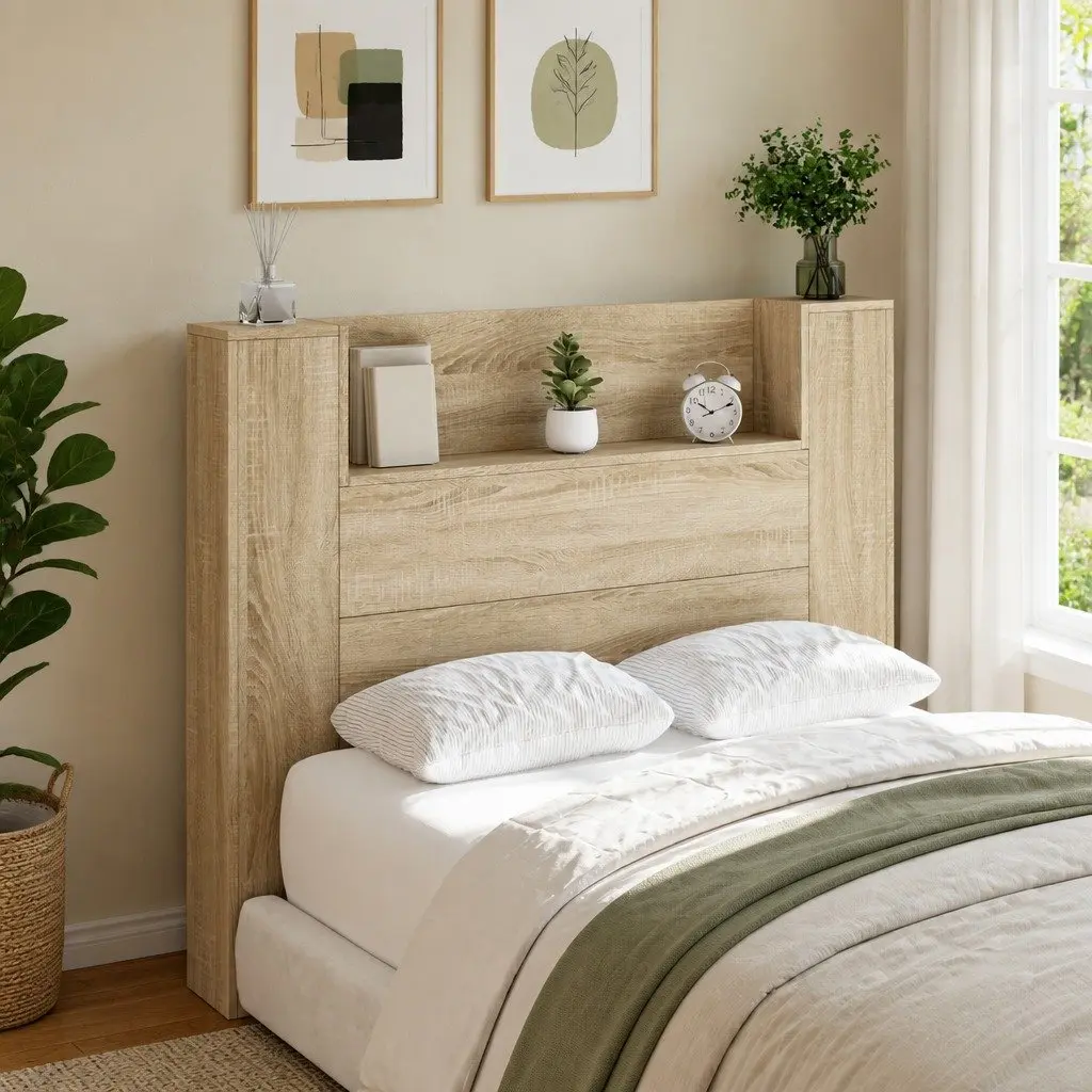 Headboard Cabinet for Bedroom with LED Lights Wall-Mounted Storage Tan 120cm Modern