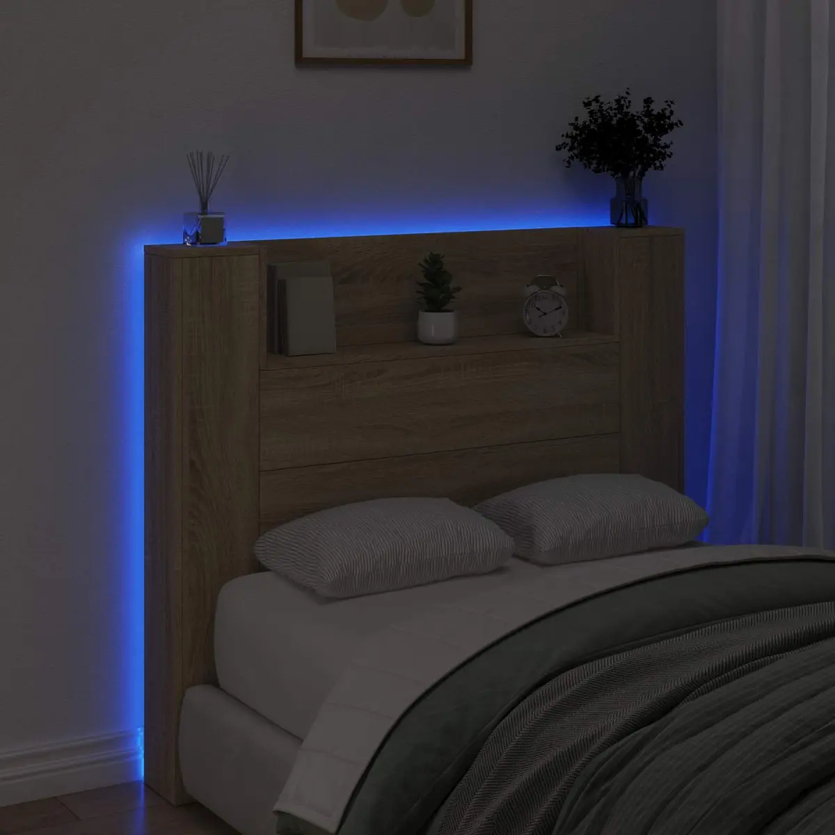 Headboard Cabinet for Bedroom with LED Lights Wall-Mounted Storage Tan 120cm Modern