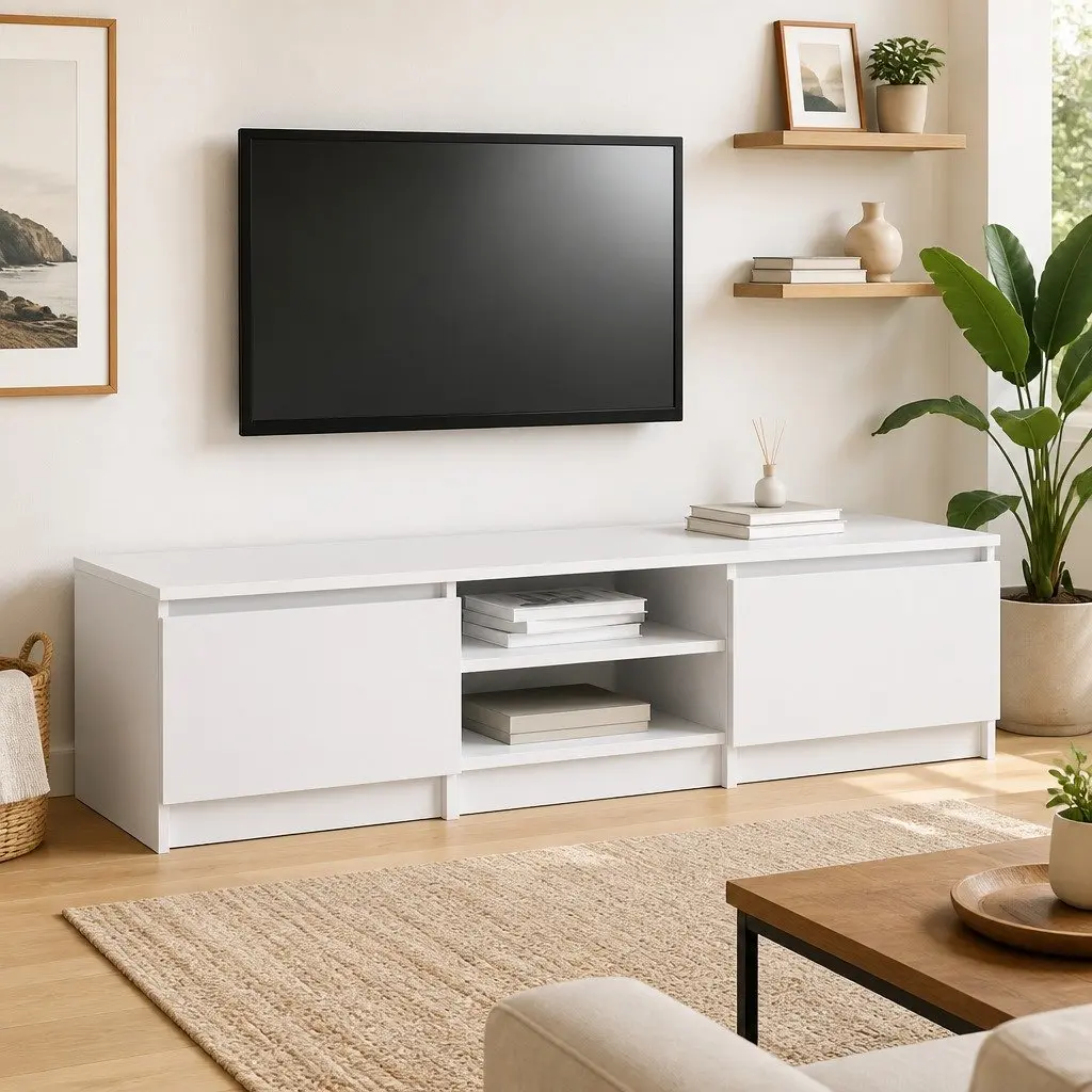 TV Cabinet for Living Room White 140x40x35.5 cm with Doors Open Compartments Storage Unit