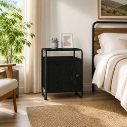 Black Bedside Cabinet - Engineered Wood & Steel Frame