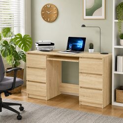 Writing Desk with 6 Drawers Brown Engineered Wood Office Workstation Study Table
