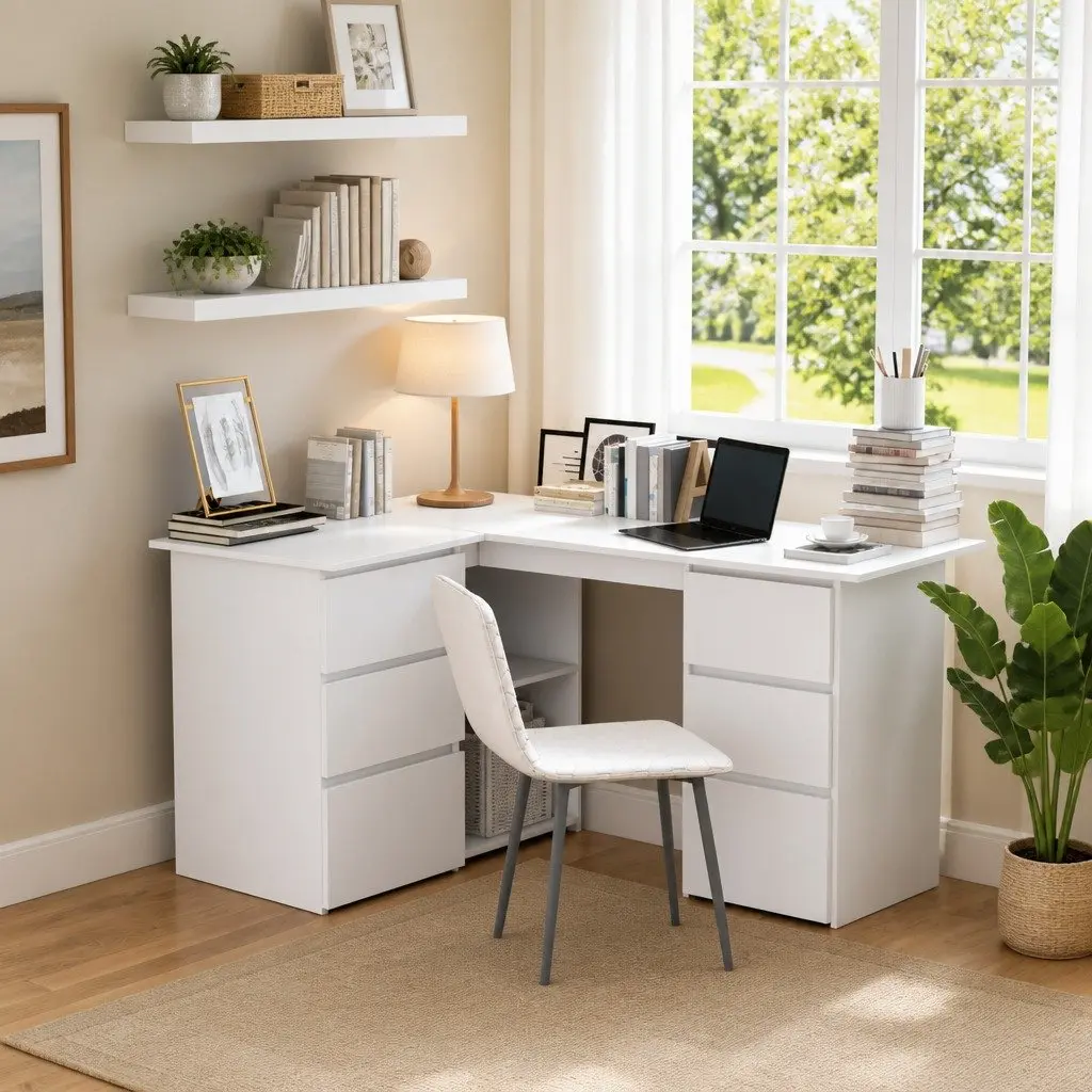 White Corner Desk with Storage Drawers