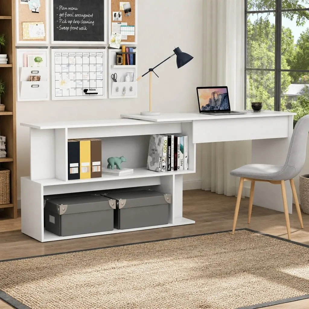 Corner Desk White Rotating Workstation Engineered Wood Office Study Table
