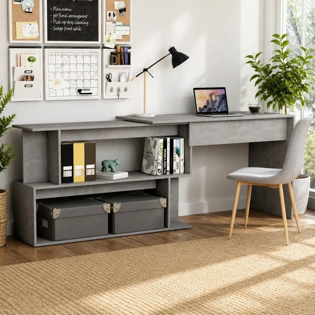 Grey Engineered Wood Rotatable Corner Desk