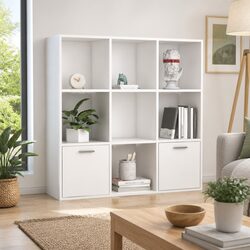 Compact White Book Cabinet 98x30x98 cm with Storage Cubes