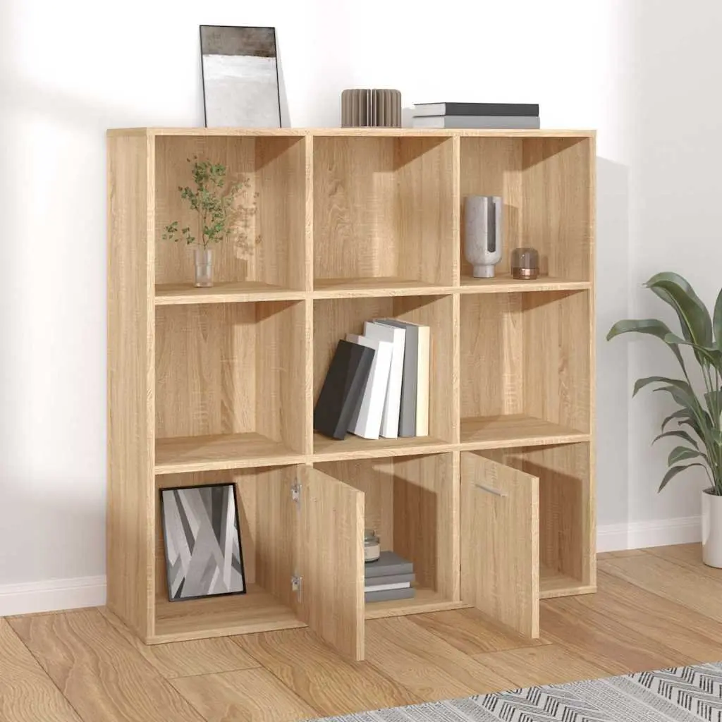 Book Cabinet with 7 Cubes 2 Doors Brown Storage Shelving Unit Engineered Wood