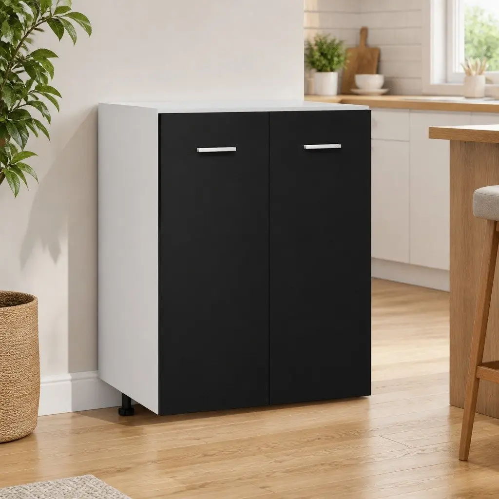 Kitchen Cupboard Storage Unit Black 60x46x81.5cm with 2 Doors and 2 Shelves for Organising Kitchen Space