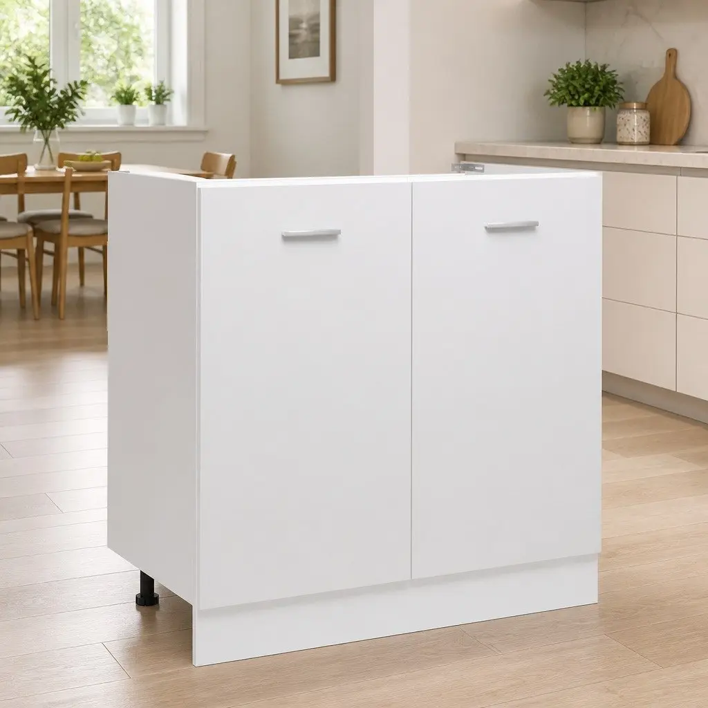White Engineered Wood Sink Cabinet 80cm Wide for Kitchen Storage and Organiser