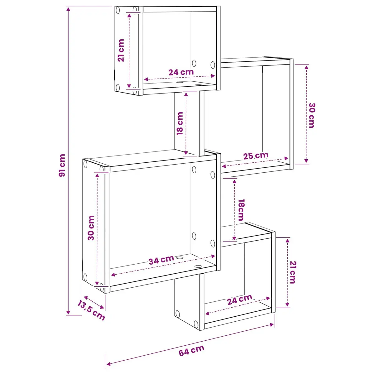 Wall Cube Shelves Brown Sonoma Oak Modern Display Storage Organiser Living Room Bedroom Workspace 64 x 13.5 x 91.5 cm