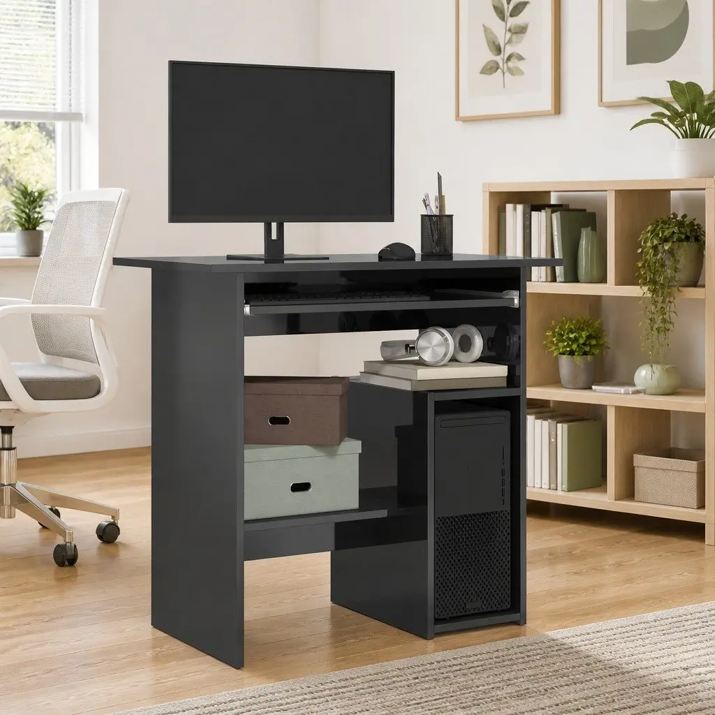 Office Desk for Home Office Grey High Gloss Computer Workstation with Keyboard Tray 80 x 45 x 74 cm