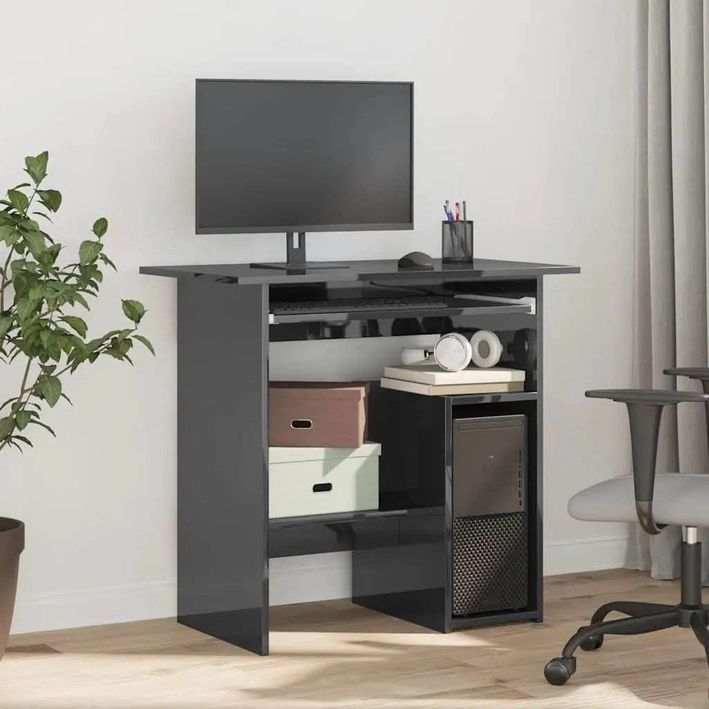 Office Desk for Home Office Grey High Gloss Computer Workstation with Keyboard Tray 80 x 45 x 74 cm