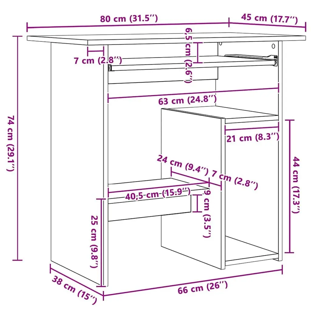 Office Desk for Home Office Grey High Gloss Computer Workstation with Keyboard Tray 80 x 45 x 74 cm