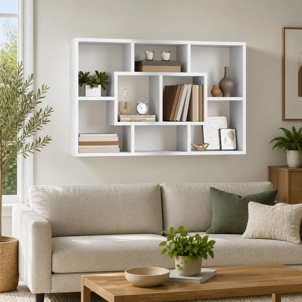 White Floating Wall Shelf with 8 Compartments
