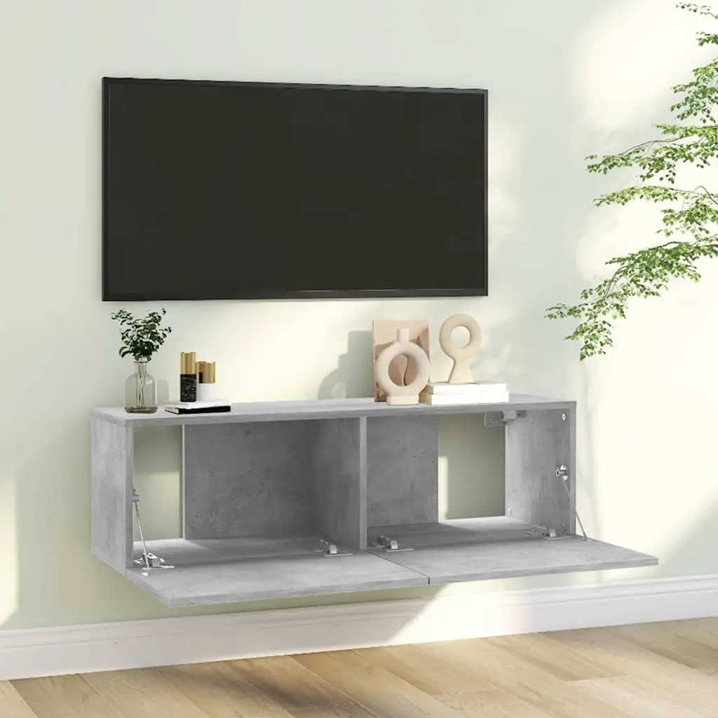 Grey Wall-Mounted Storage Unit with Drop-Down Doors for TV and Media 100x30x30 cm