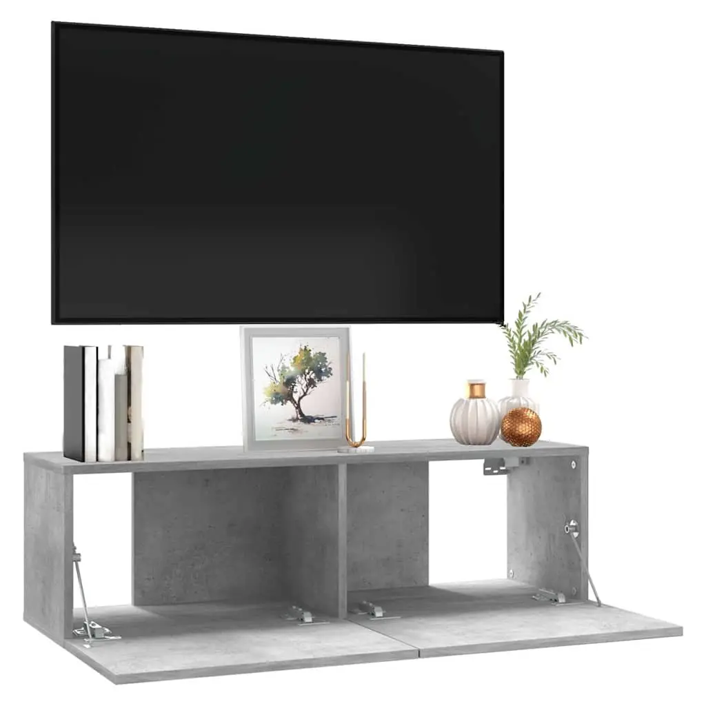 Grey Wall-Mounted Storage Unit with Drop-Down Doors for TV and Media 100x30x30 cm