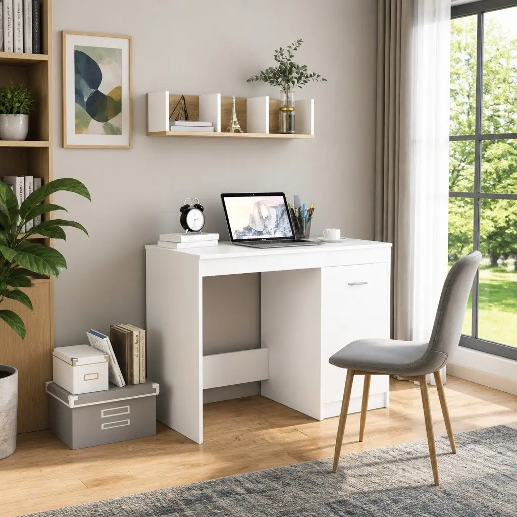 White Writing Desk for Home Office 100x50x76 cm with Integrated Storage Cabinet