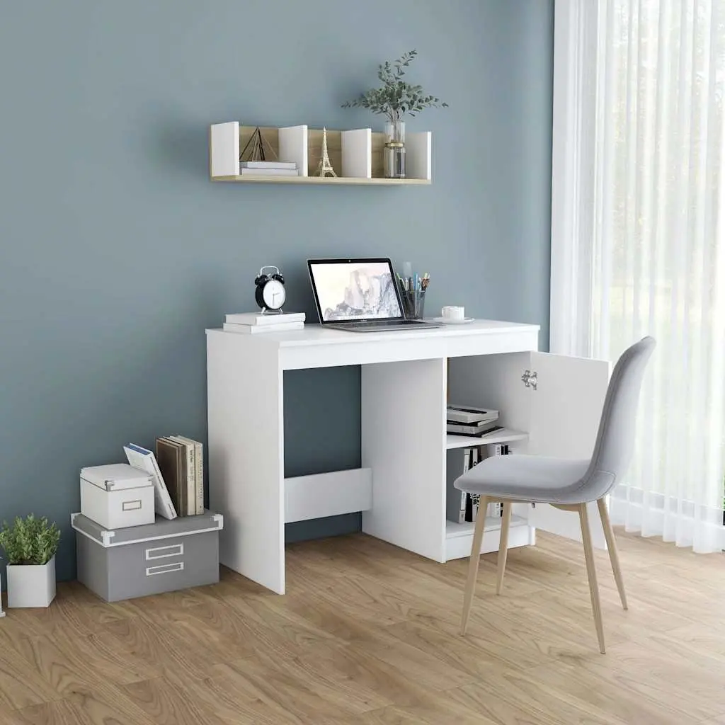 White Writing Desk for Home Office 100x50x76 cm with Integrated Storage Cabinet