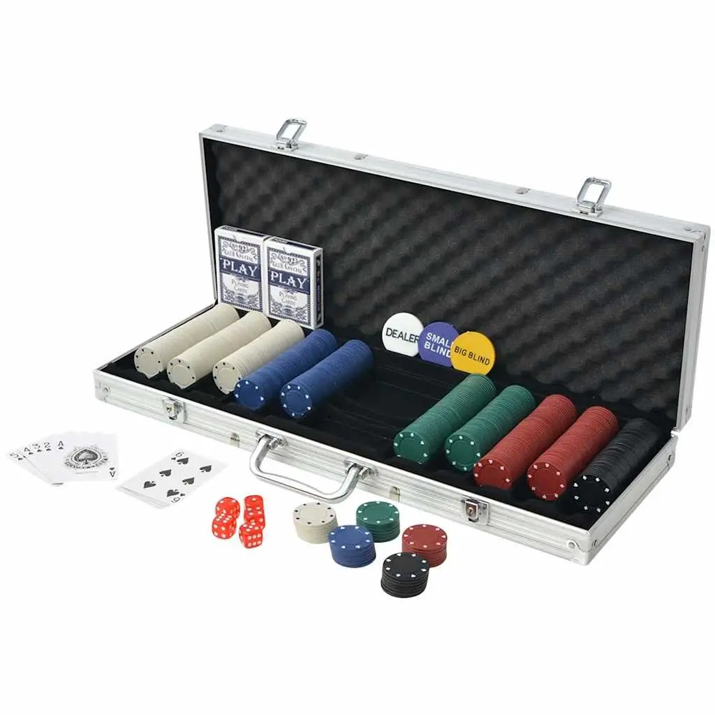 Poker Set 500 Chips Casino Dice Cards Buttons Aluminium Case Game Night