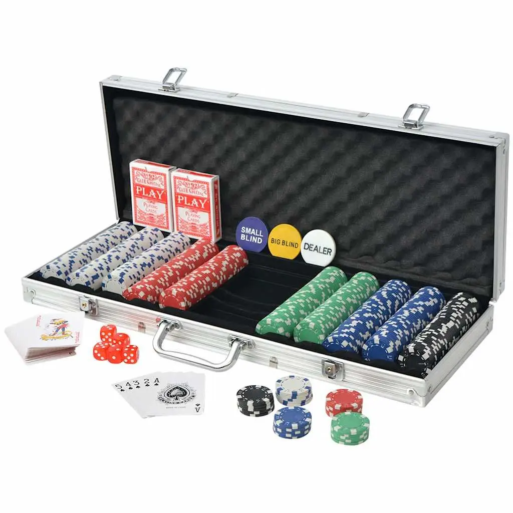 Poker Set 500 Chips Casino Cards Dice Buttons Aluminium Case Game