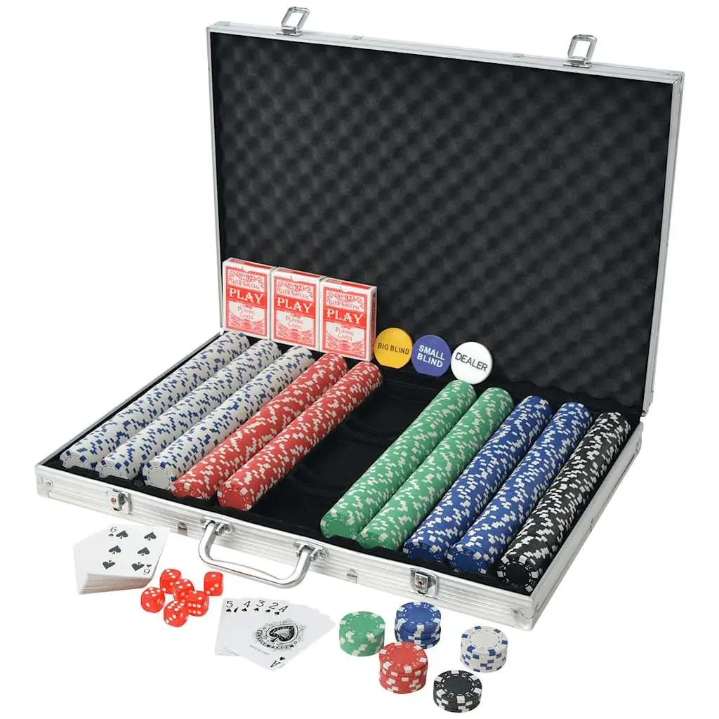 Poker Set 1000 Chips Casino Dice Cards Buttons Gaming Aluminium Case