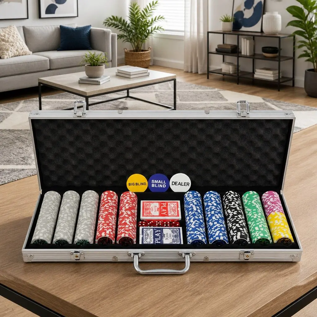 Poker Set 500 Laser Chips Aluminium Case Casino Dice Playing Cards Buttons