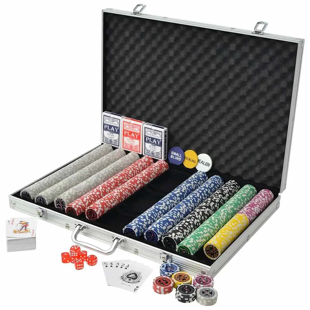 Poker Set for Game Night 1000 Laser Chips 3 Decks of Cards 6 Dice Aluminium Case