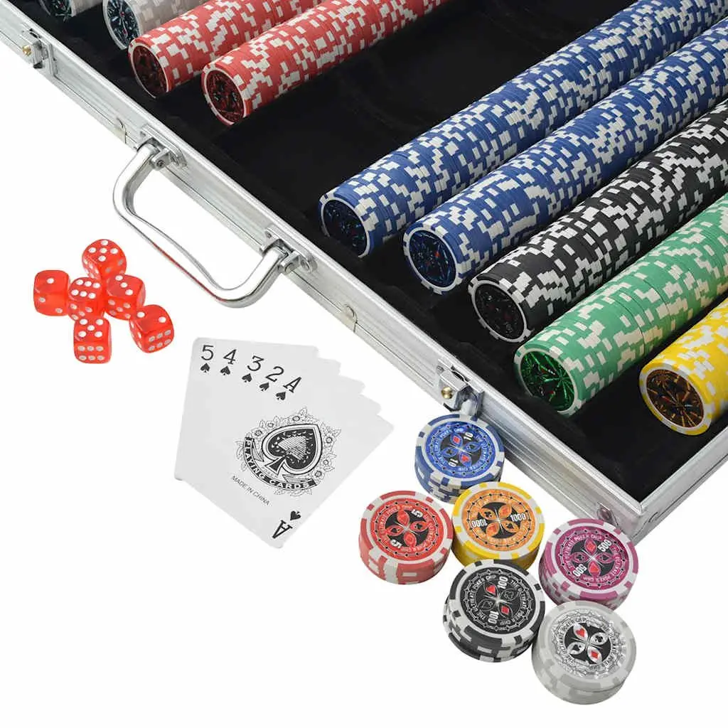 Poker Set for Game Night 1000 Laser Chips 3 Decks of Cards 6 Dice Aluminium Case