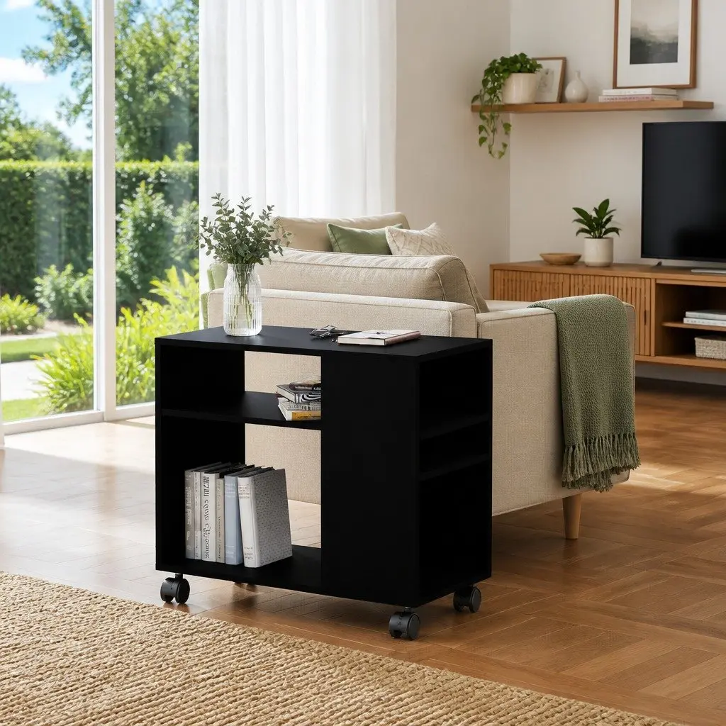 Black Accent Side Table with Wheels