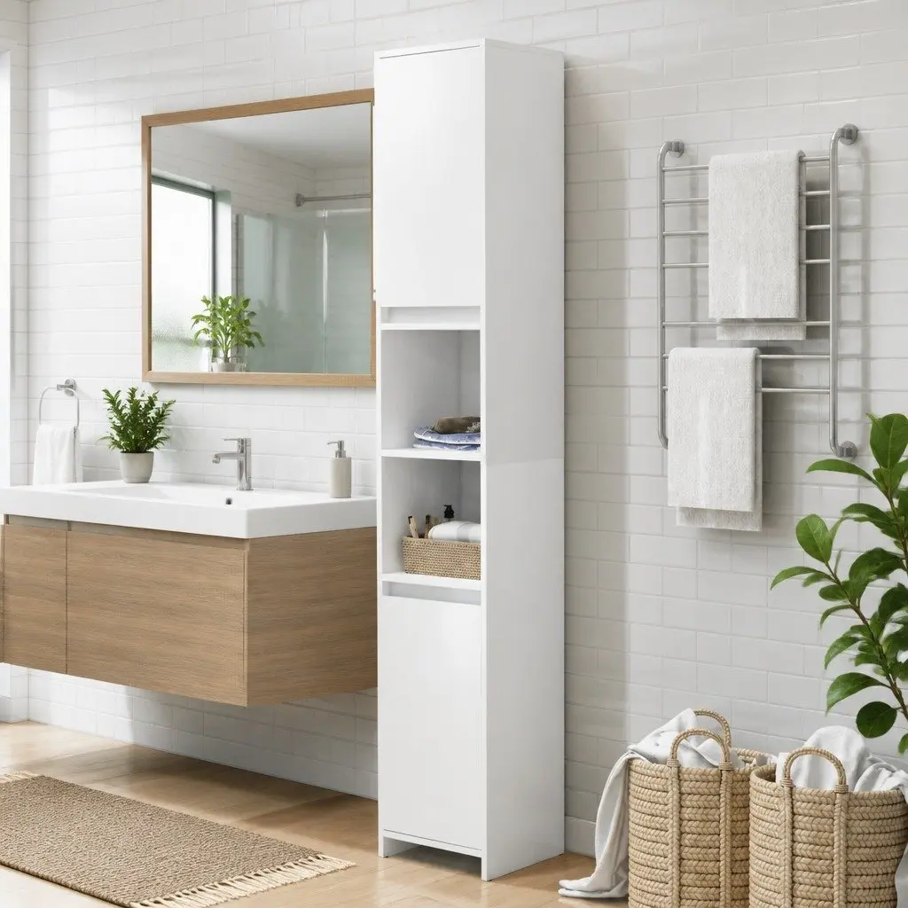 Bathroom Cabinet White Storage 6 Compartments 2 Doors Engineered Wood Cupboard 30 x 30 x 1835 cm