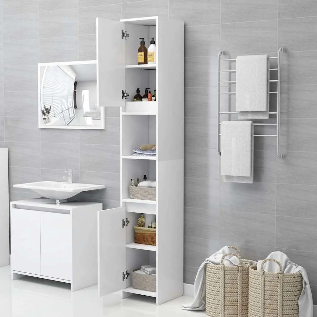 Bathroom Cabinet White Storage 6 Compartments 2 Doors Engineered Wood Cupboard 30 x 30 x 1835 cm