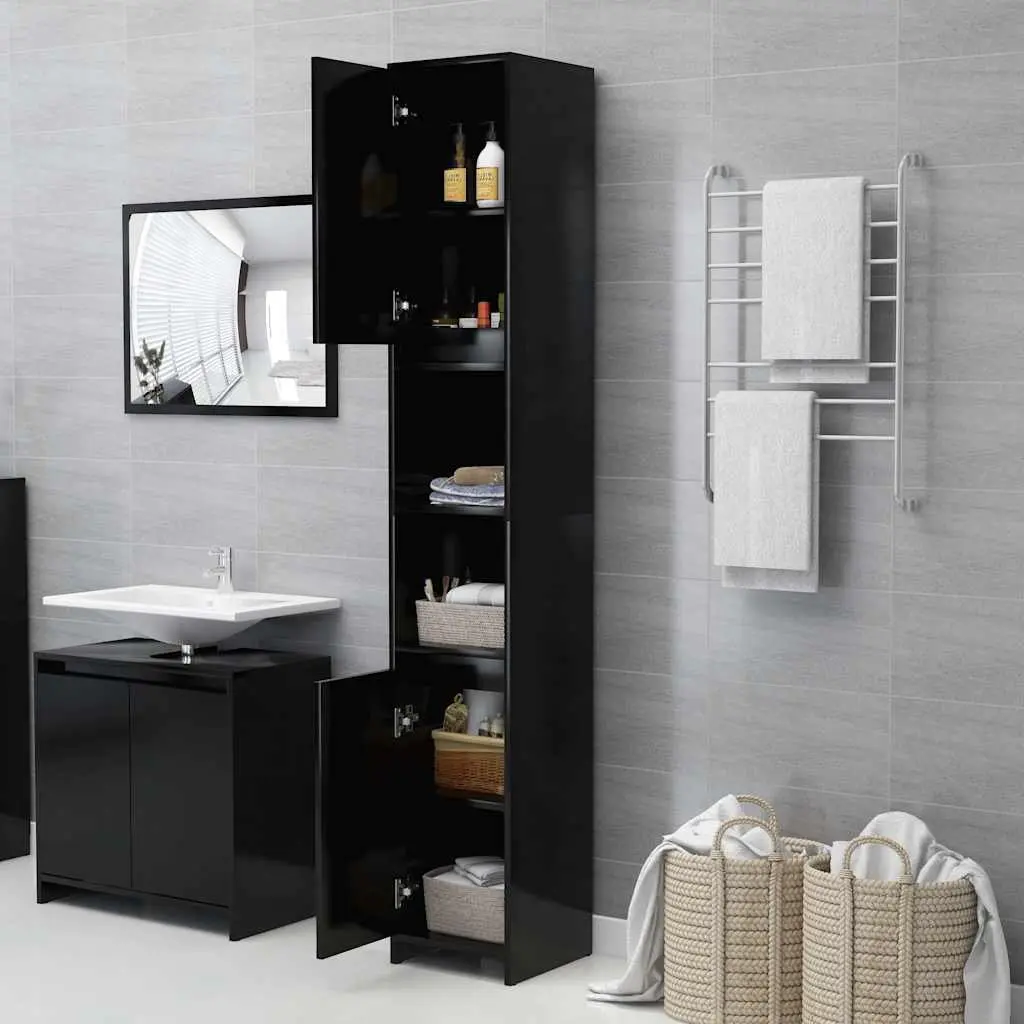 Black Bathroom Cabinet Engineered Wood 30x30x183.5cm 6 Compartments 2 Doors