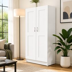 Book Cabinet White Engineered Wood Storage Shelving Unit 4 Compartments 2 Doors