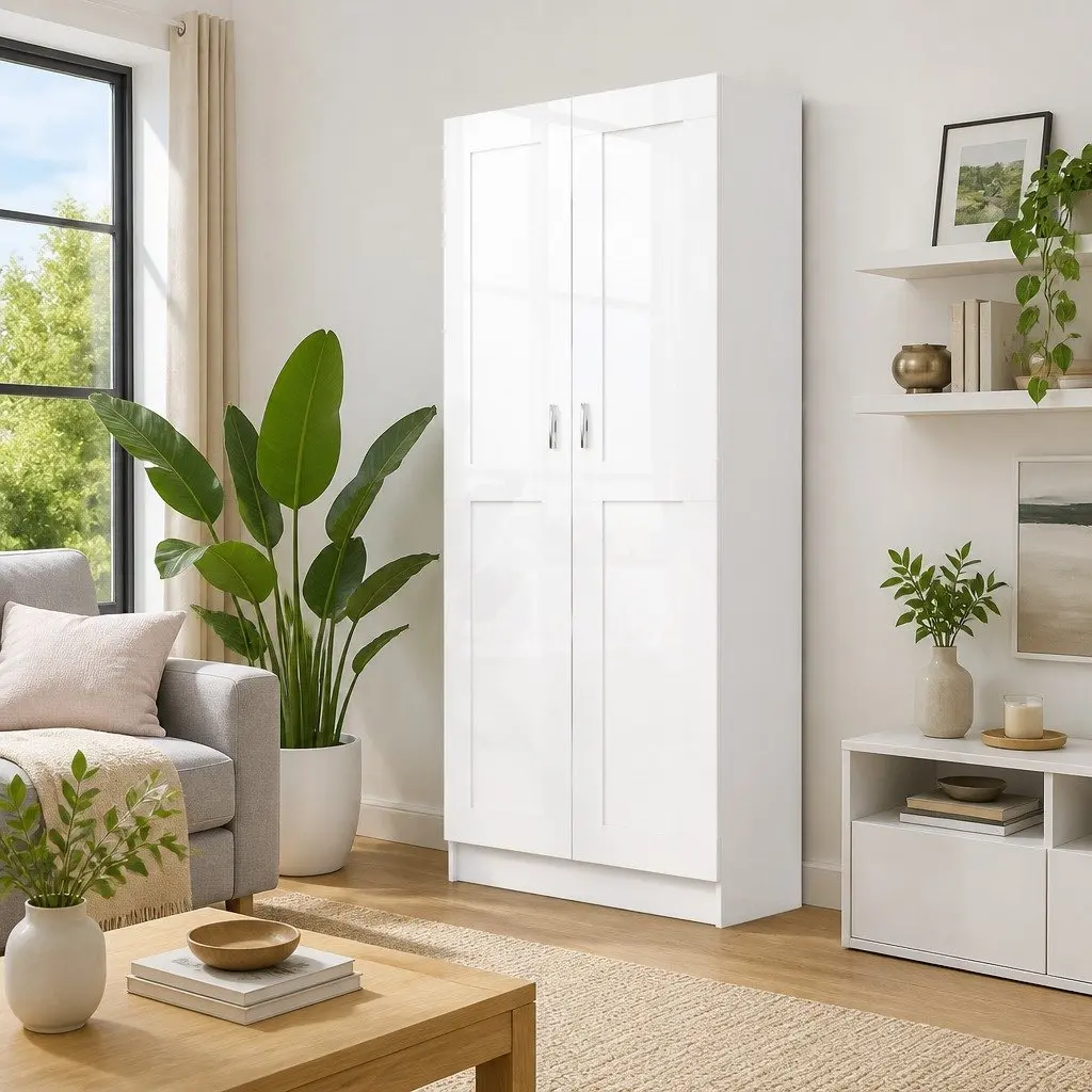 Book Cabinet White Bookcase 5 Compartments 2 Doors Storage Shelf Home Office