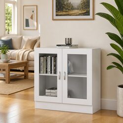 White Vitrine Cabinet with Dimensions and Storage Details