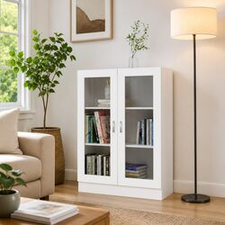 Vitrine Cabinet White Engineered Wood Bookcase Display Storage Shelving Unit