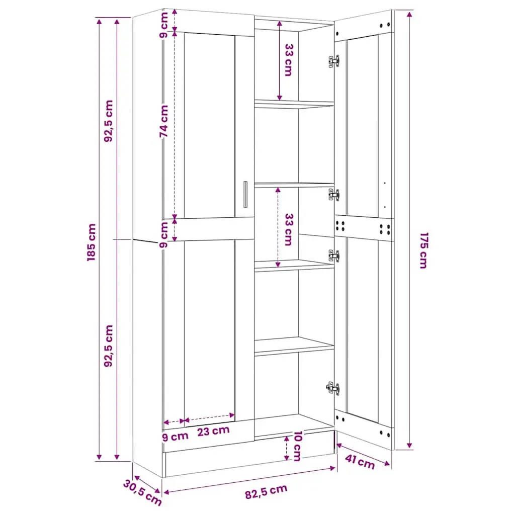 Vitrine Cabinet Brown Engineered Wood Bookshelf 82.5x30.5x185cm Storage Shelves
