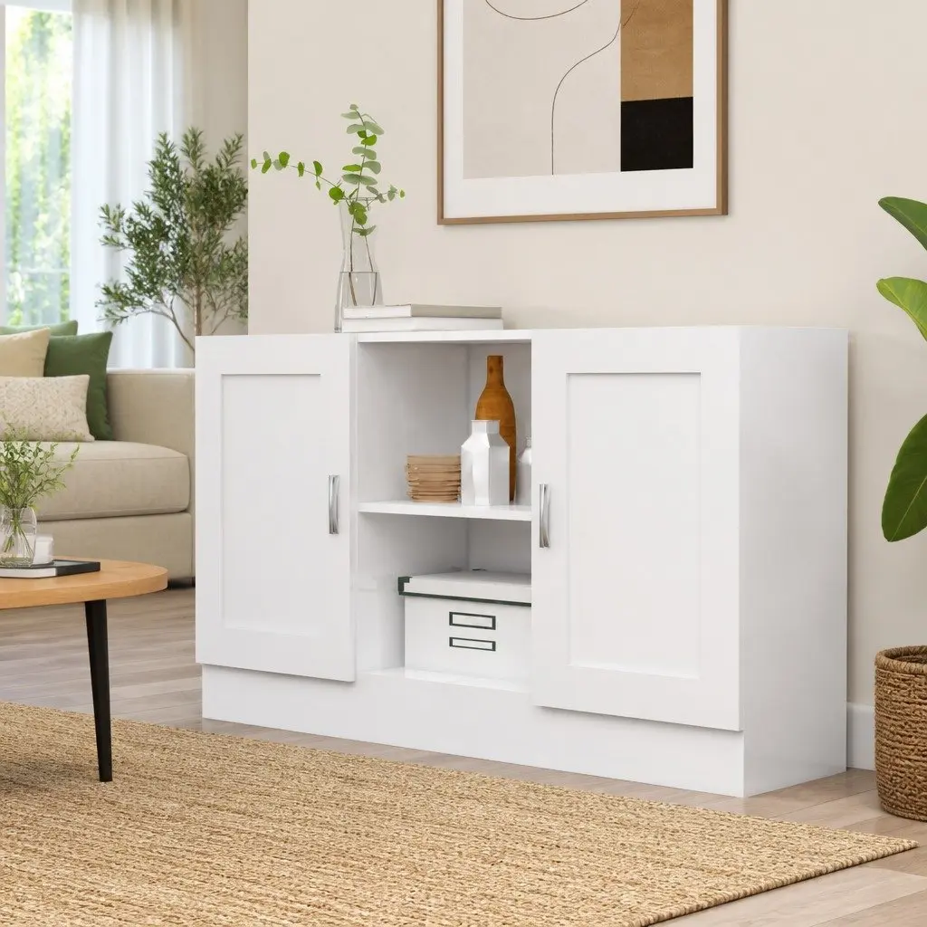 White Sideboard Storage Cabinet 120cm for Home Use with 2 Doors and Compartments Engineered Wood