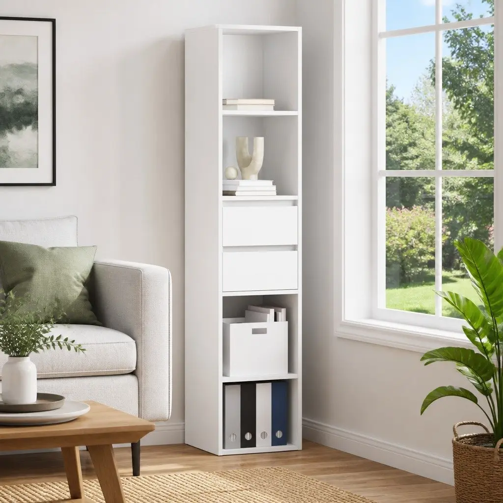 Wall-Mounted Book Cabinet White Storage Shelves Modern Engineered Wood Organizer for Living Room Bedroom Home Office 36 x 30 x 171 cm