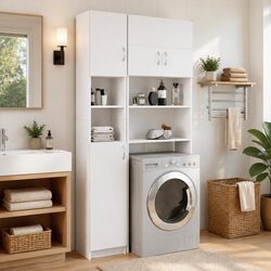 Bathroom Cabinet Specifications: White, 4 Shelves, 2 Open Shelves