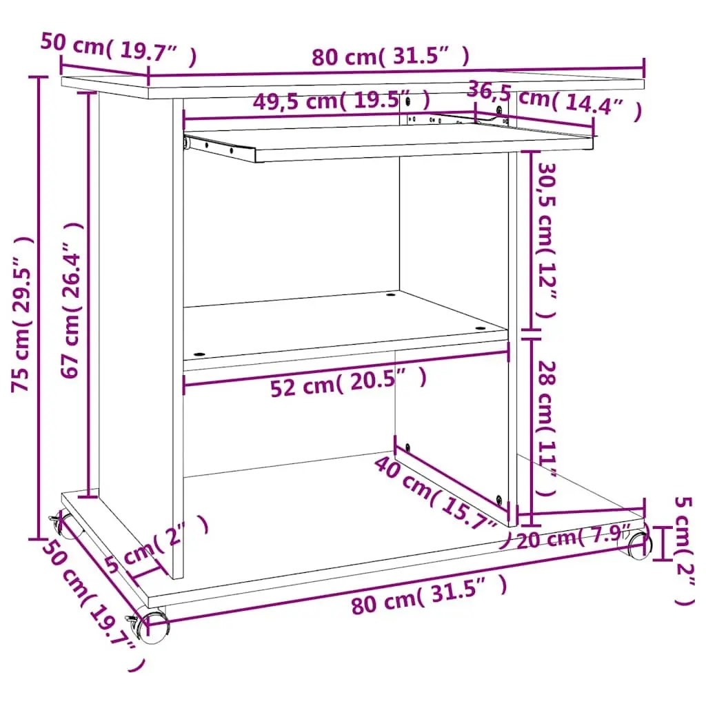 Computer Desk for Home Office 80x50x75cm White Laptop Desktop Workstation with Keyboard Shelf and Castors