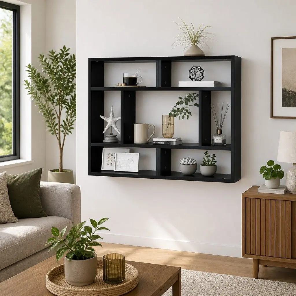 Black Open Compartments Wall Shelf 75x16x55cm