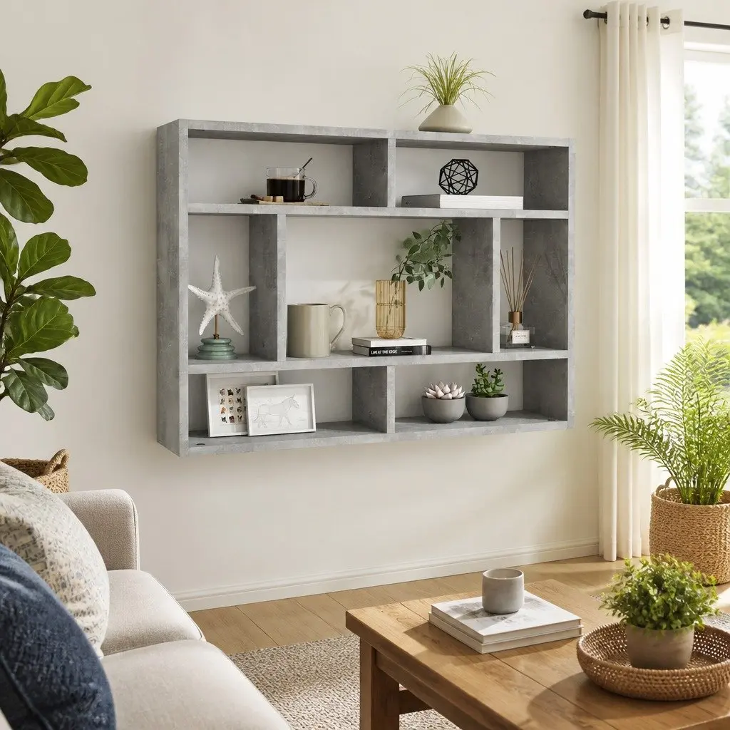 Wall Shelf Grey Storage Display Unit Open Compartments Home Shelving Organizer 75 x 16 x 55 cm