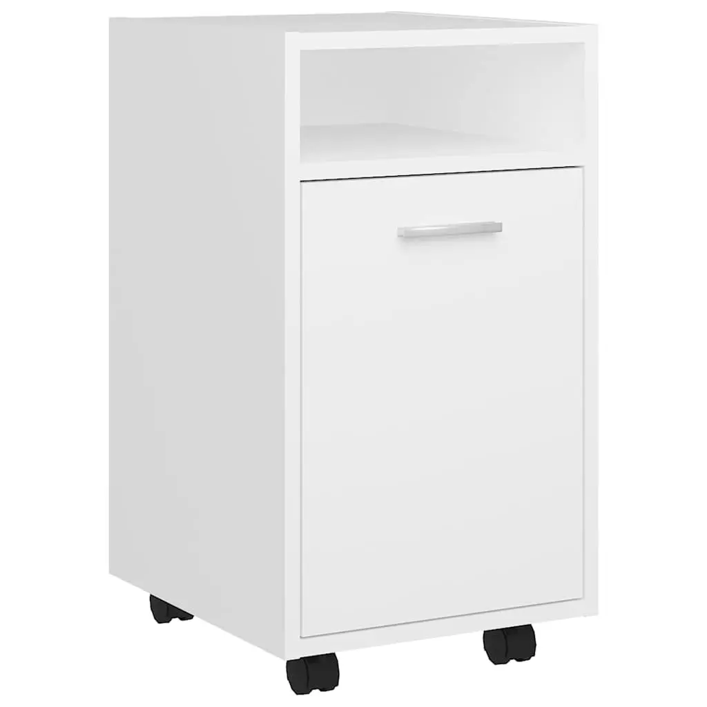 White Storage Cabinet with Wheels Engineered Wood Side Table Shelf Compartment