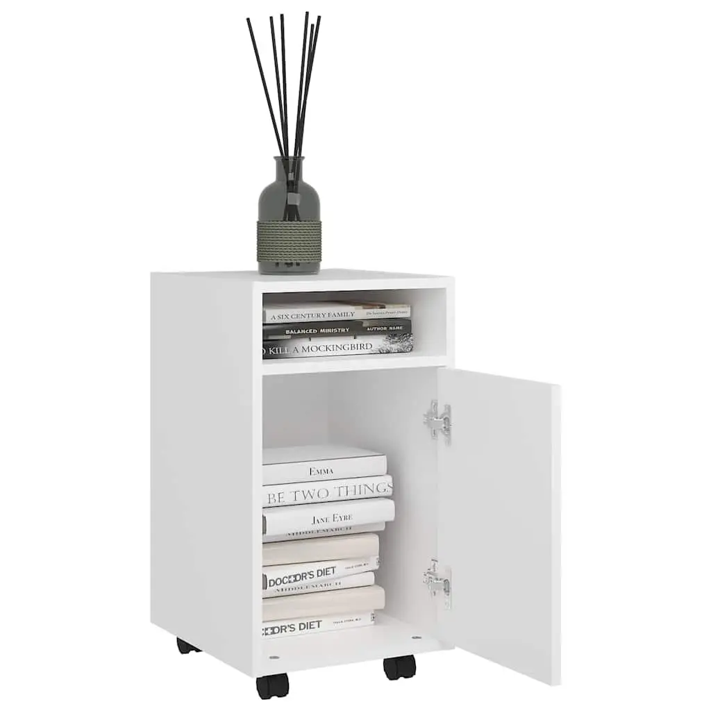 White Storage Cabinet with Wheels Engineered Wood Side Table Shelf Compartment
